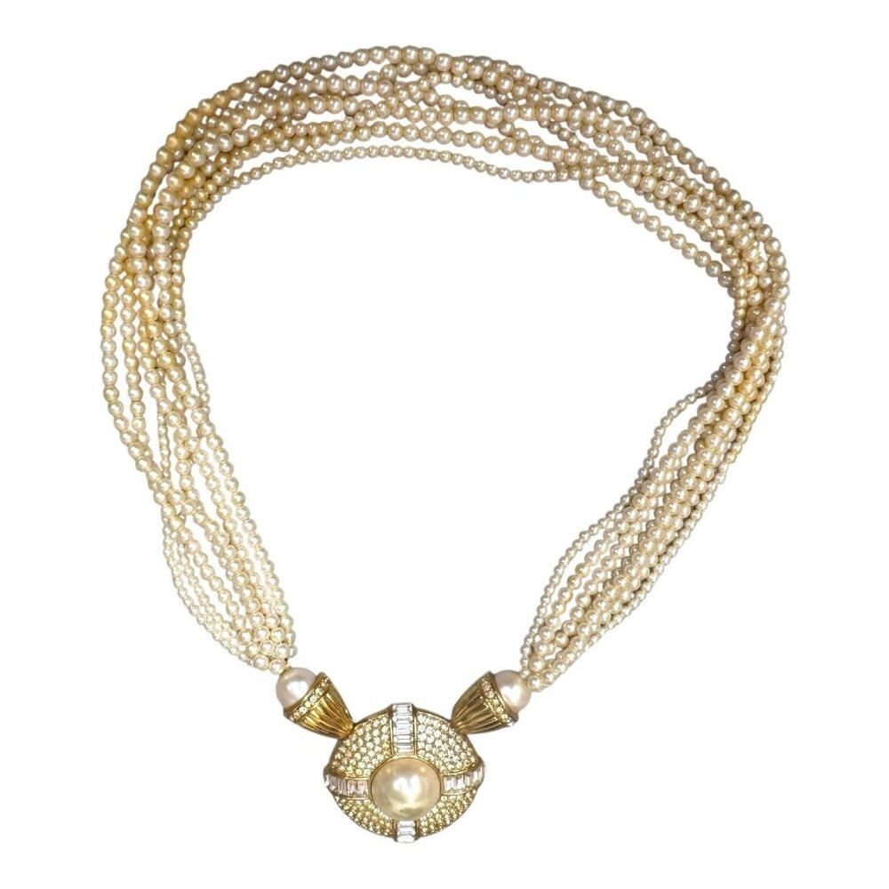 Vintage Multi-Strand Faux Pearl Necklace Statment Gold-Tone Clasp Rhinestones